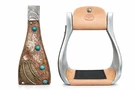 Western 6" Wide Copper Engraved Feather Turquoise Stone Bell Stirrups 51257. Fixed Price $69.99.